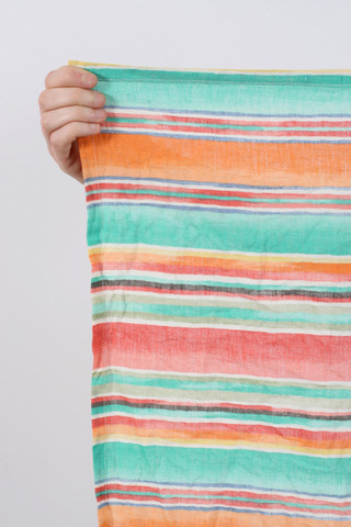 linen beach towel,Light weight, multicolor woven stripe in forest, red, cornflower, cream, and tanTan selvageMade in New York City from Czech linen